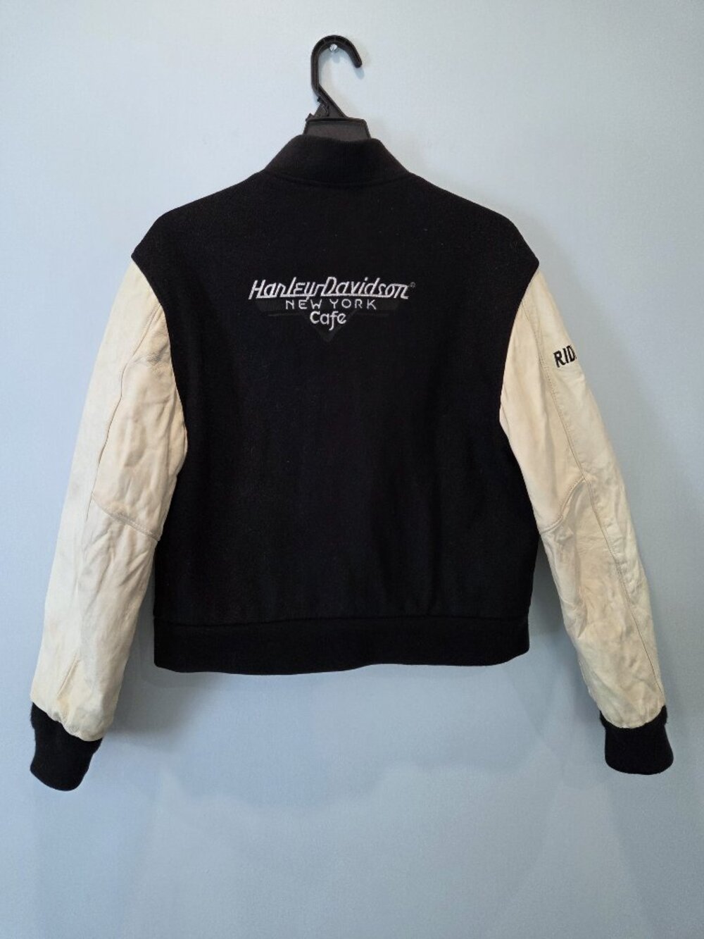 Vintage Harley-Davidson Varsity Cream Leather & Black Wool Jacket Size L
